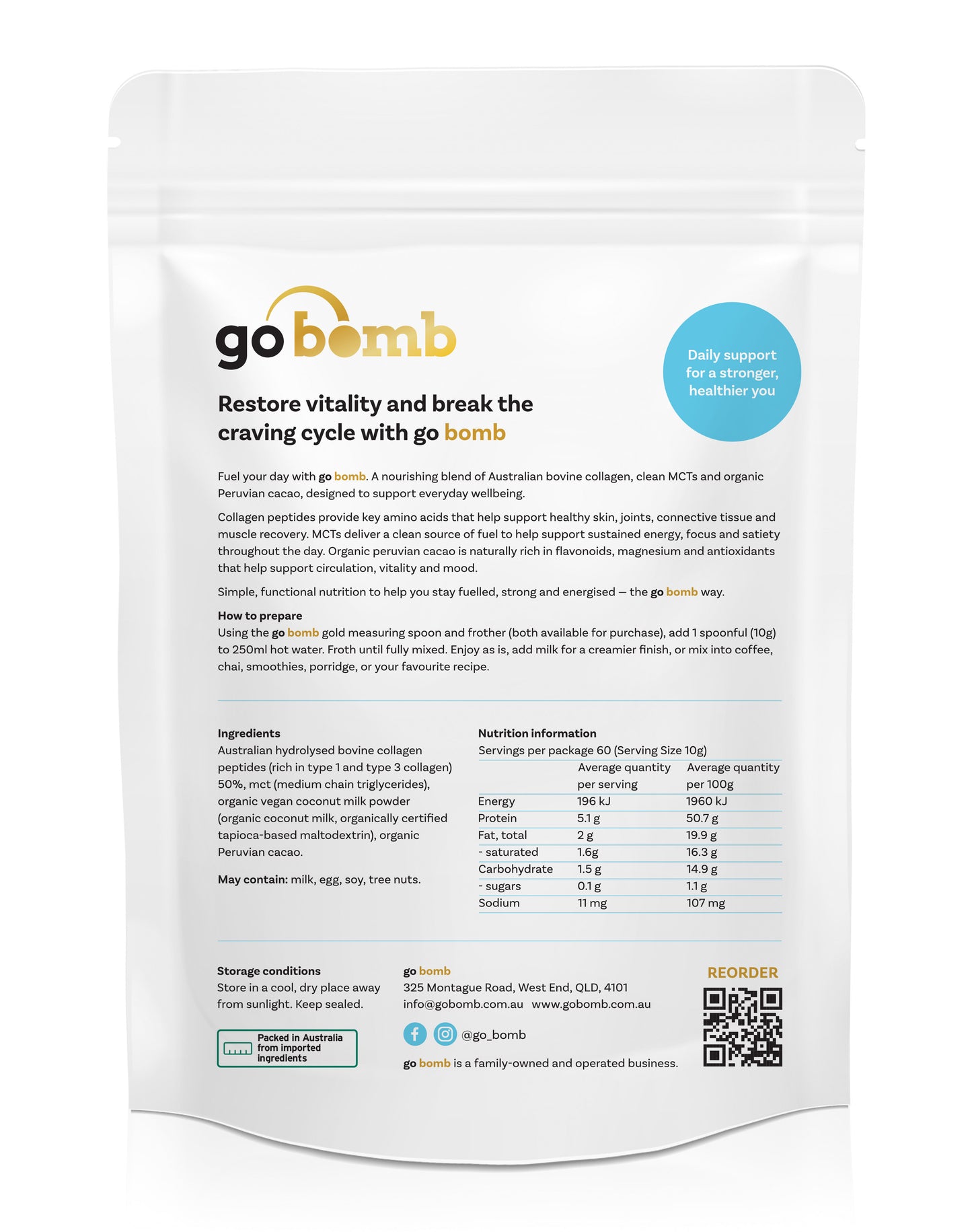 GoBomb Original Australian Collagen + MCT + Organic Peruvian Cacao 600gm