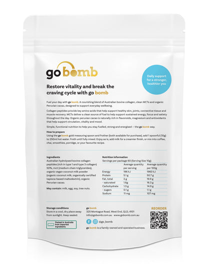 GoBomb Original Australian Collagen + MCT + Organic Peruvian Cacao 600gm